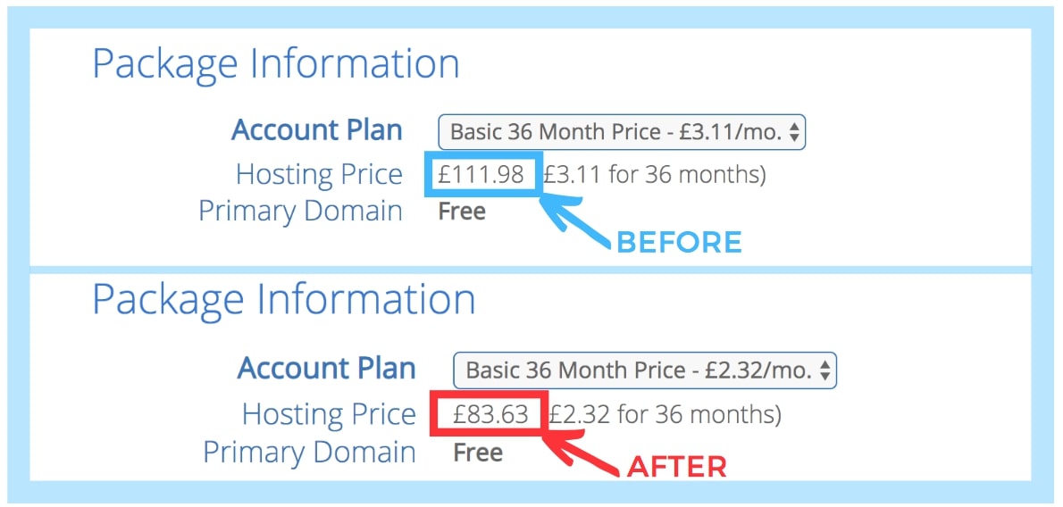 bluehost discount before and after savings